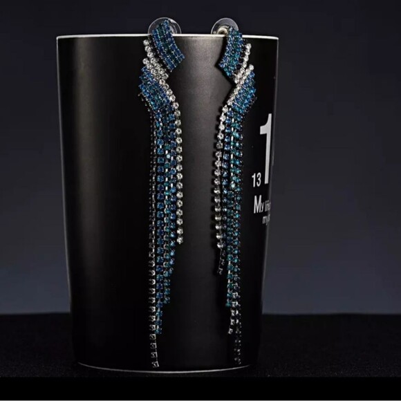 BLUE RHINESTONE‎ LONG DANGLE EARRINGS - Picture 3 of 4